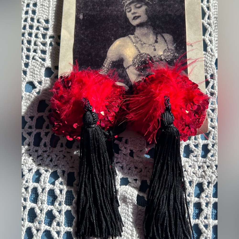 Vintage Red Sequin & Black Tassels Nipple Covers Breast Handmade in Vancouver BC